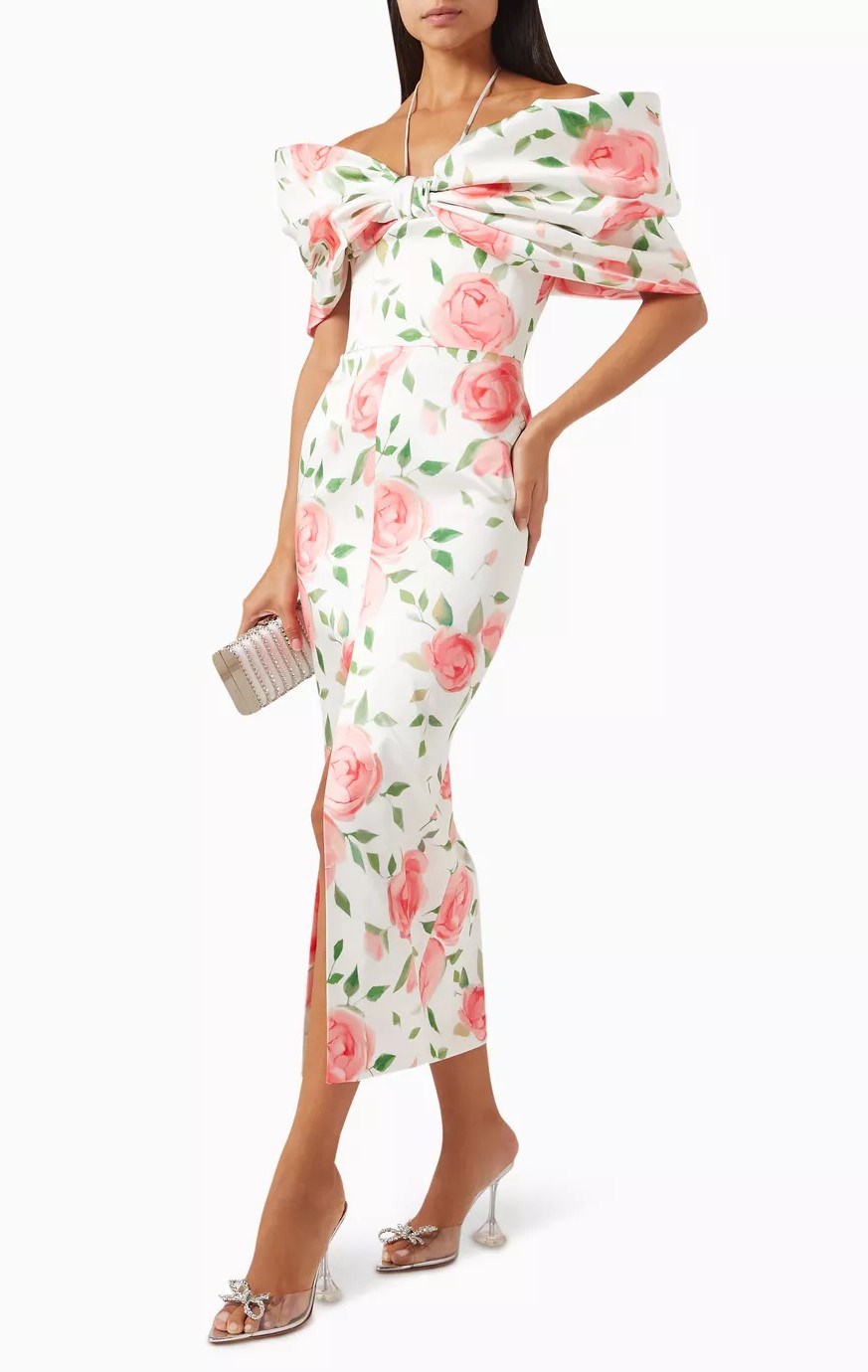 Picture of BOW-EMPELLISHED MIDI PRINTED SATIN DRESS