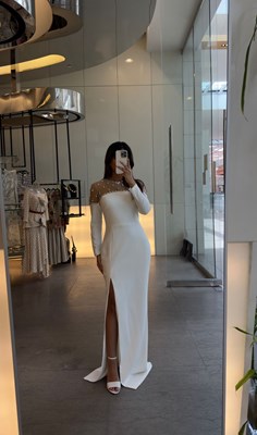 Show details for LONG SLEEVED STRETCH CREPE GOWN WHITE Picture of LONG SLEEVED STRETCH CREPE GOWN WHITE
