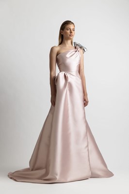 Show details for ONE SHOULDER PINK EVENING DRESS WITH A BOW SILVER SEQUINS Picture of ONE SHOULDER PINK EVENING DRESS WITH A BOW SILVER SEQUINS