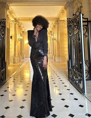 Show details for V NECK LONG SLEEVE DRESS WITH  BLACK SEQUIN IN BOTTOM Picture of V NECK LONG SLEEVE DRESS WITH  BLACK SEQUIN IN BOTTOM