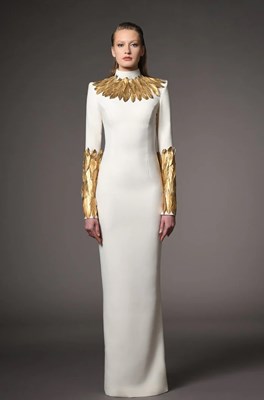 Picture of HIGH NECKLINE CREPE PARTY DRESS WITH GOLD FEATHER