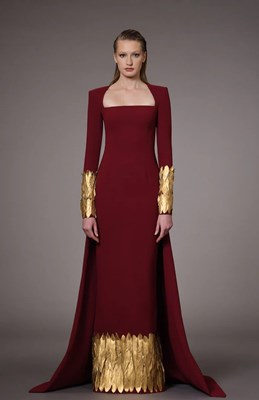 Picture of CREPE DRESS WITH GOLD FEATHERS ON HEM AND SLEEVES 
