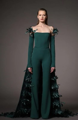 Picture of CREPE JUMPSUIT WITH REVERSIBLE FEATHERED OVERSKIRT PARTY SUIT