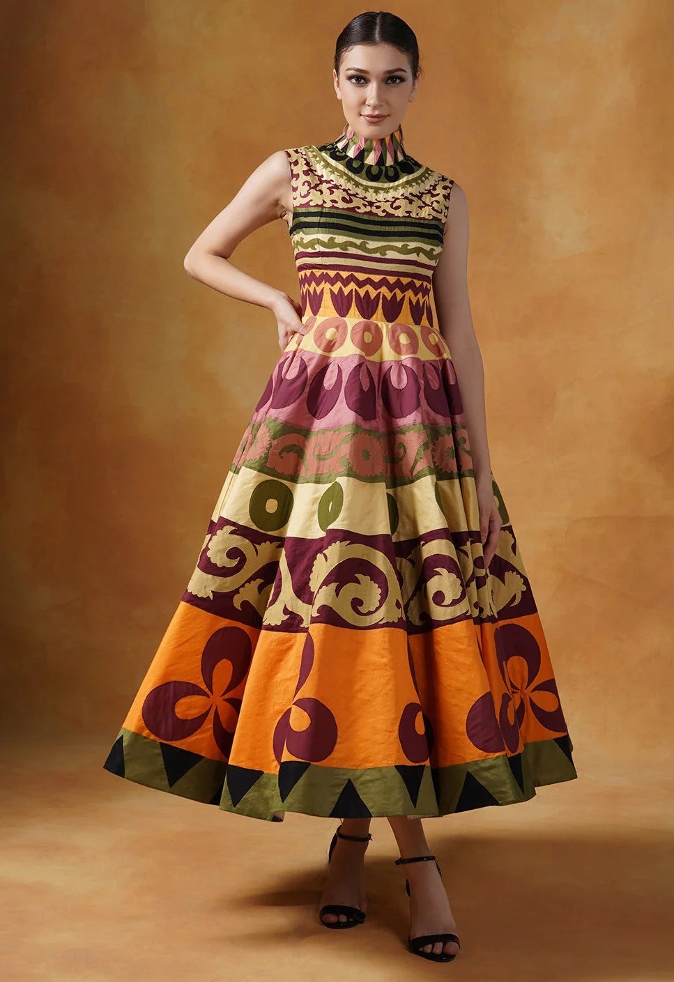 Picture of A-LINE CALF-LENGTH GOWN WITH HIGH NECK APPLIQUE WORK