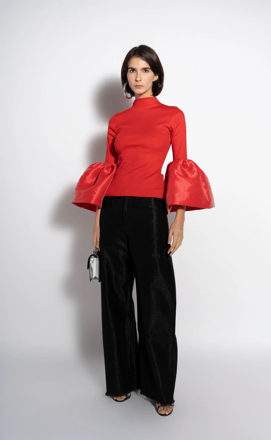 Picture of HEAVY SATIN AND RIB TOP W/PUFF SLEEVES RED