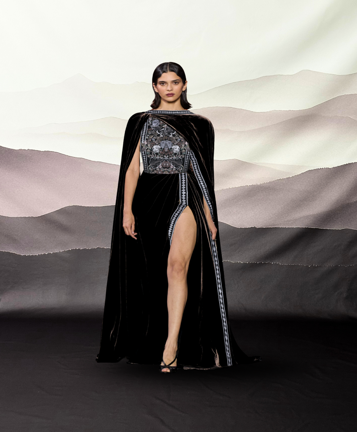 Picture of SET EMBROIDERED DRESS WITH CAPE VELVET BA50