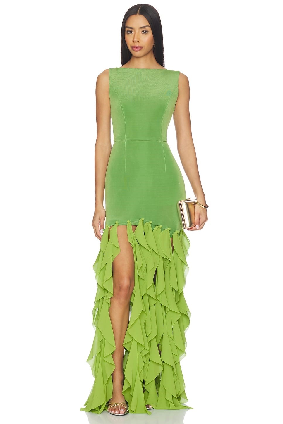 Picture of MARISOL RUFFLED FRINGE GOWN GREEN